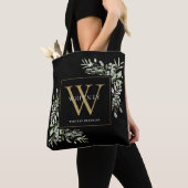 Zwarte Gouden Monogram Aquarel Groene Bladeren Tot Tote Bag (Dichtbij)