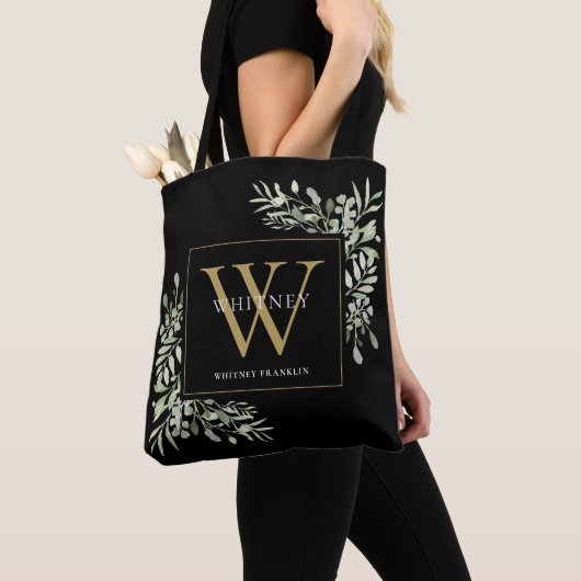 Zwarte Gouden Monogram Aquarel Groene Bladeren Tot Tote Bag (Dichtbij)