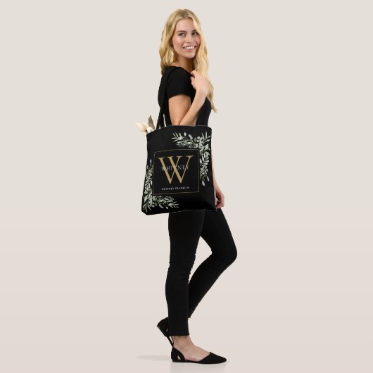 Zwarte Gouden Monogram Aquarel Groene Bladeren Tot Tote Bag (Op model)