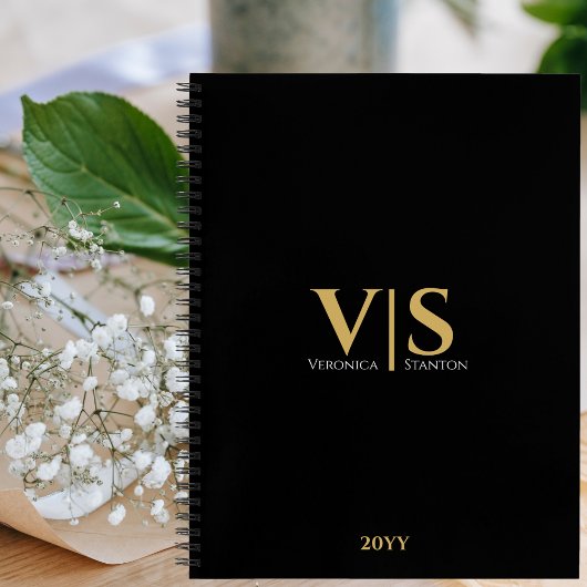 Zwarte Gouden Monogram Beginletters Modern Profess Notitieboek