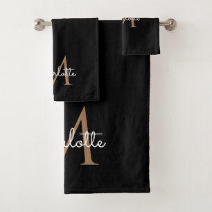 Zwarte Gouden Monogram Elegante Meisjesachtige Scr Bad Handdoek
