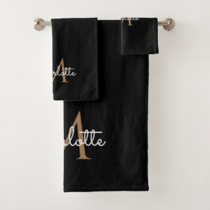 Zwarte Gouden Monogram Elegante Meisjesachtige Scr Bad Handdoek
