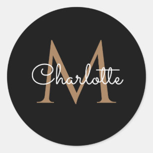 Zwarte Gouden Monogram Elegante Meisjesachtige Scr Ronde Sticker
