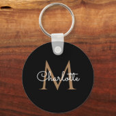 Zwarte Gouden Monogram Elegante Vrouwelijke Script Sleutelhanger (Voorkant)