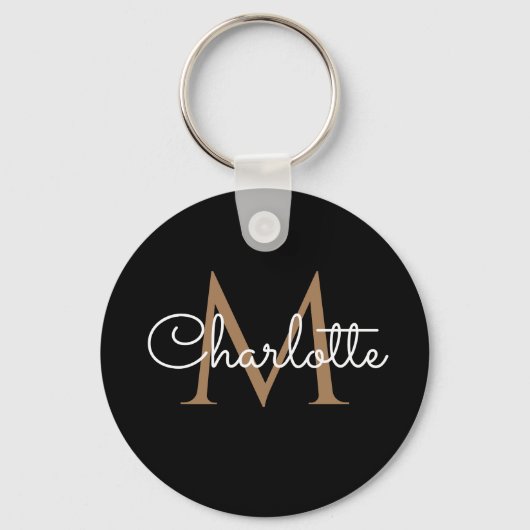 Zwarte Gouden Monogram Elegante Vrouwelijke Script Sleutelhanger (Voorkant)