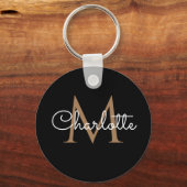 Zwarte Gouden Monogram Elegante Vrouwelijke Script Sleutelhanger (Achterkant)
