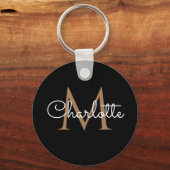 Zwarte Gouden Monogram Elegante Vrouwelijke Script Sleutelhanger (Voorkant)