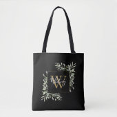 Zwarte gouden monogram groen bloemmotief tote bag (Voorkant)