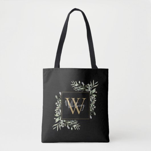 Zwarte gouden monogram groen bloemmotief tote bag (Voorkant)