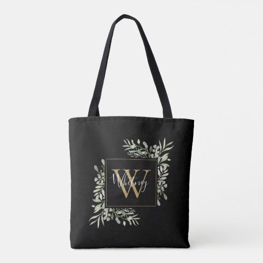 Zwarte gouden monogram groen bloemmotief tote bag (Achterkant)