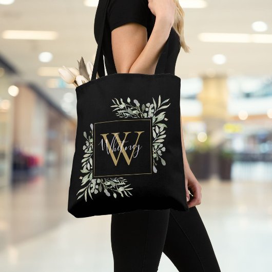 Zwarte gouden monogram groen bloemmotief tote bag