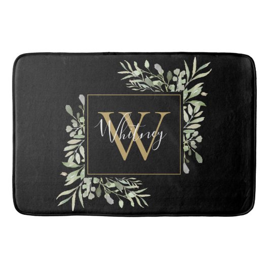 Zwarte Gouden Monogram Groene Bloemen Badmat (Voorkant)