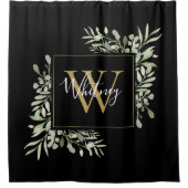Zwarte Gouden Monogram Groene Bloemen  Douchegordijn (Voorkant)