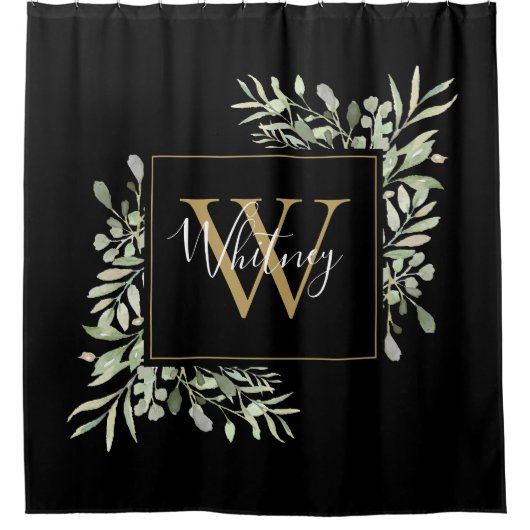 Zwarte Gouden Monogram Groene Bloemen  Douchegordijn (Voorkant)