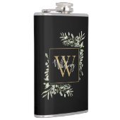 Zwarte Gouden Monogram Groene Bloemen  Heupfles (Rechts)