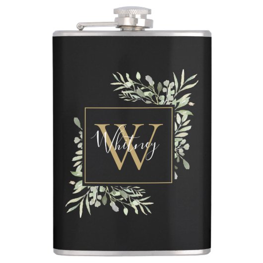 Zwarte Gouden Monogram Groene Bloemen  Heupfles (Voorkant)