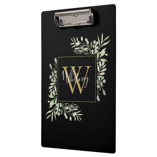 Zwarte Gouden Monogram Groene Bloemen Klembord (Links)