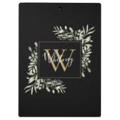 Zwarte Gouden Monogram Groene Bloemen Klembord (Achterkant)