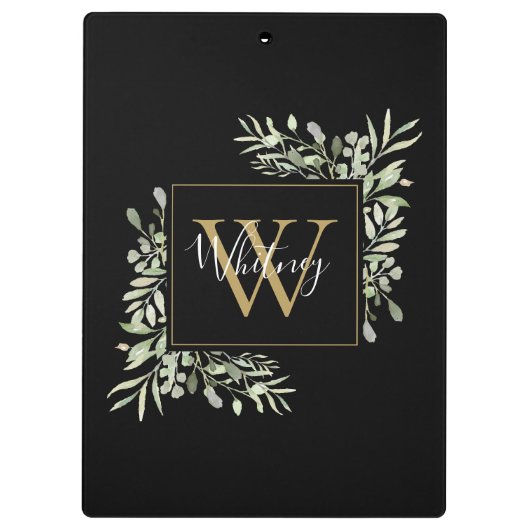 Zwarte Gouden Monogram Groene Bloemen Klembord (Achterkant)