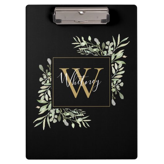 Zwarte Gouden Monogram Groene Bloemen Klembord (Voorkant)