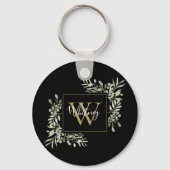 Zwarte Gouden Monogram Groene Bloemen  Sleutelhanger (Voorkant)