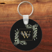 Zwarte Gouden Monogram Groene Bloemen  Sleutelhanger (Voorkant)
