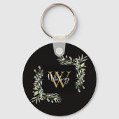 Zwarte Gouden Monogram Groene Bloemen  Sleutelhanger (Achterkant)