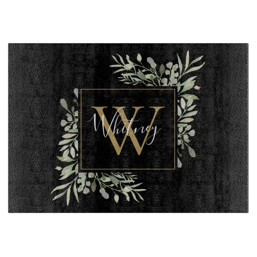 Zwarte Gouden Monogram Groene Bloemen Snijplank (Voorkant)