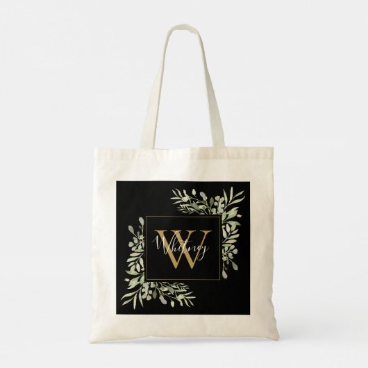 Zwarte Gouden Monogram Groene Bloemen Tote Bag (Achterkant)