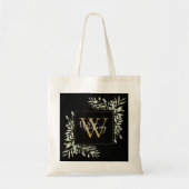 Zwarte Gouden Monogram Groene Bloemen  Tote Bag (Voorkant)
