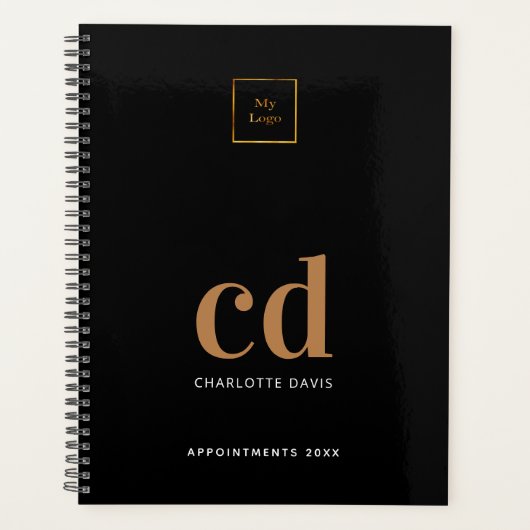 Zwarte gouden monogram initiaal bedrijfslogo planner (Voorkant)