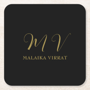 Zwarte Gouden Monogram Initiaal Letter Luxe Naam  Kartonnen Onderzetters