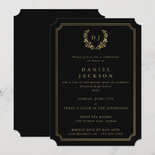 Zwarte/Gouden Monogram Laurierkrans Afstudeerfeest Kaart