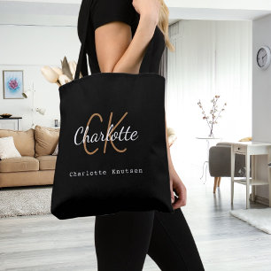 Zwarte gouden monogram naam initiële script tote bag