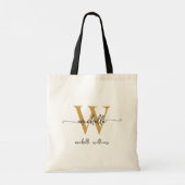 Zwarte Gouden Monogram Naam Stijlvol Script voor M Tote Bag (Achterkant)