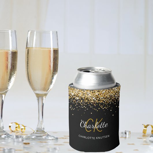 Zwarte gouden monogram naam verjaardag blikjeskoeler