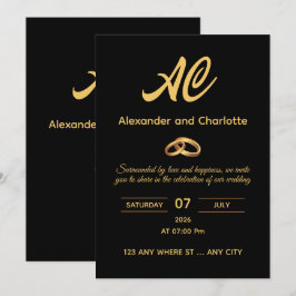 Zwarte Gouden Monogram Trouw Uitnodiging