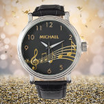 Zwarte gouden muzieknoten horloge<br><div class="desc">Eenvoudig en elegant voor een muzikant of muzikant! Zwarte achtergrond met faux gouden muzieknoten. Sjabloon voor jouw naam,  gouden letters. Gulden kloknummers.</div>