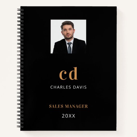 Zwarte gouden naam initiële foto business notitieboek (Voorkant)