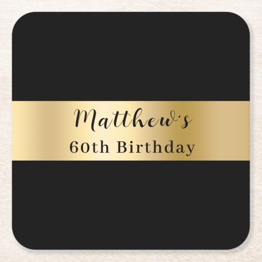 Zwarte gouden naam script verjaardag kartonnen onderzetters (Voorkant)