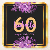 Zwarte gouden paarse bloemen naam verjaardag kartonnen onderzetters (Voorkant)