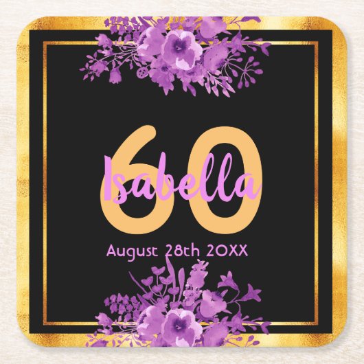 Zwarte gouden paarse bloemen naam verjaardag kartonnen onderzetters (Voorkant)
