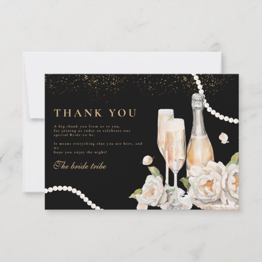 Zwarte gouden parels en Prosecco Vrijgezellenfeest Bedankkaart (Voorkant)