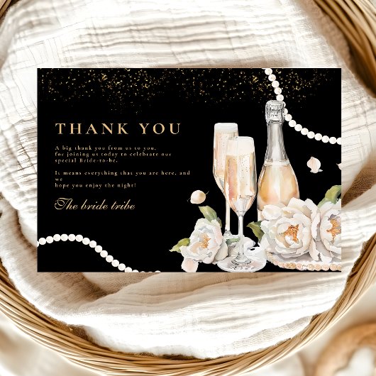 Zwarte gouden parels en Prosecco Vrijgezellenfeest Bedankkaart