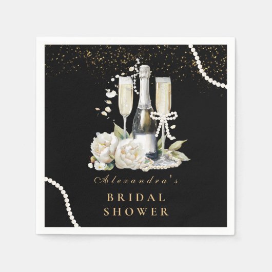 Zwarte gouden parels en Prosecco Vrijgezellenfeest Servet (Voorkant)