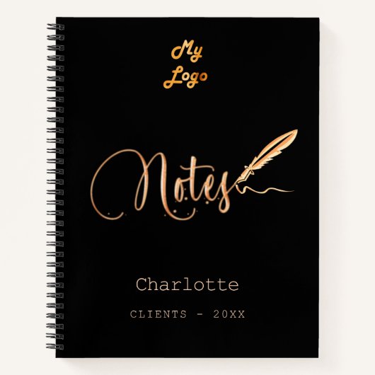 Zwarte gouden pen elegante script business logo notitieboek (Voorkant)