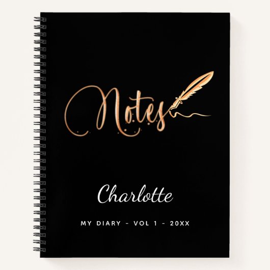 Zwarte gouden pen elegante script naam notitieboek (Voorkant)