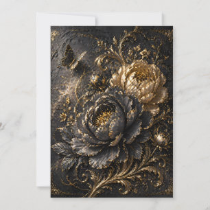 Zwarte Gouden Pioen Reliëf Kunst – Elegante Flora Kaart