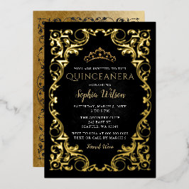 Zwarte Gouden Prinses Tiara Quinceañera Antiek Folie Uitnodiging