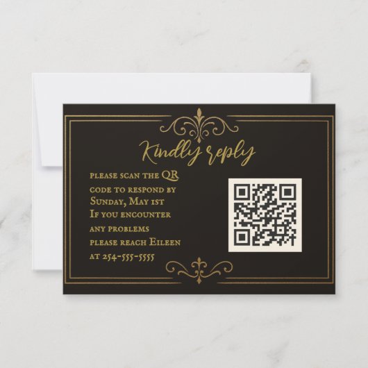 Zwarte Gouden QR-code Huwelijks RSVP Kaart (Voorkant)